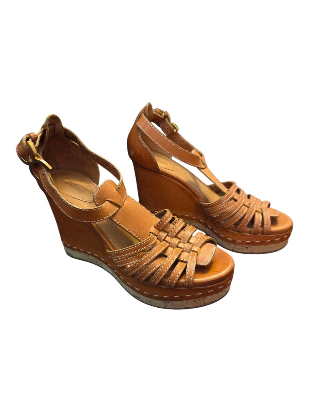 Chloe Tan Tucson T-Strap Woven Leather Cork Wedge Sandals - Size 38 (USA 7.5)